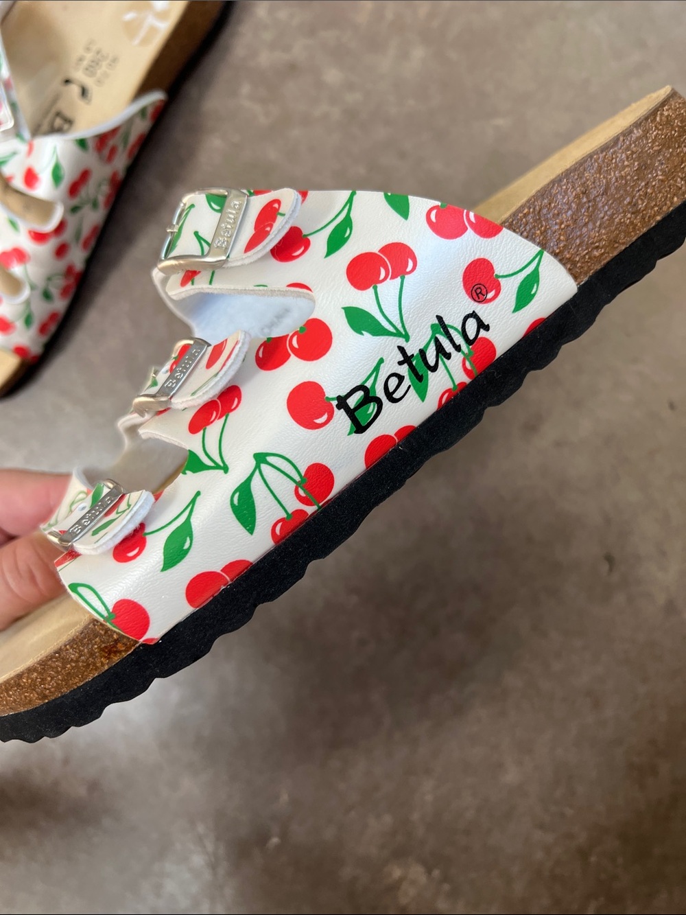 Women’s Betula by Birkenstock Triple-Strap Cherry Print Sandals - White/Red - Picture 6 of 10